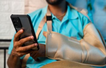 A man with a broken arm using social media on his smartphone.