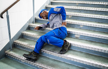 worker man lying on staircase after slip and fall accident
