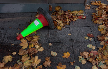 on the sidewalk covered with autumn foliage stop cone